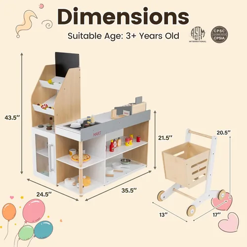 Miniatura 6 de Costzon Juego de simulación para tienda de comestibles, tienda de juegos de madera, juego de supermercado para niños pequeños con caja registradora