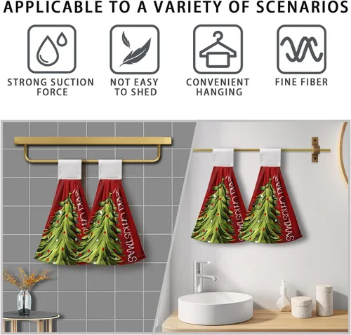Miniatura 4 de Toallas de cocina colgantes con diseño de árbol de Navidad, color rojo y verde, toalla de mano de Navidad con lazo para colgar, toallas de cocina