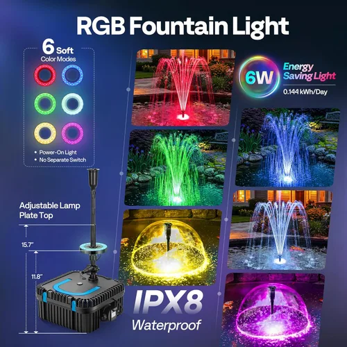 Miniatura 3 de VIVOHOME Fuente de filtro de estanque RGB de 690 GPH con luces LED de 6 W, bomba de agua sumergible de 40 W con filtración multietapa para estanques