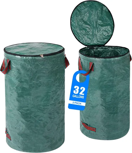 Paquete de 2 bolsas de basura reutilizables de 32 galones con tapa con cremallera, bolsas de basura de jardín con 4 asas para exteriores,