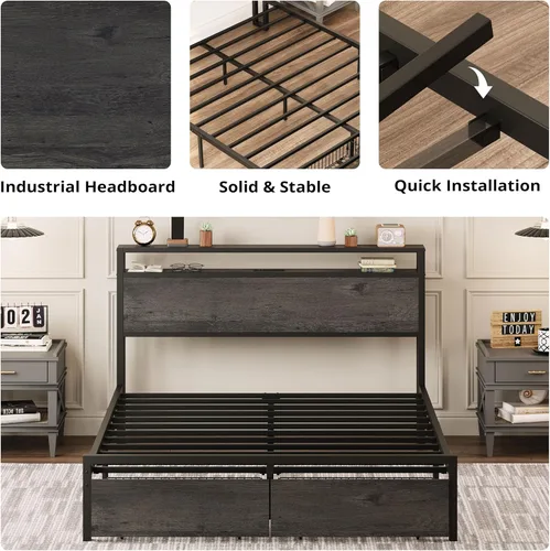 Miniatura 5 de LIKIMIO Base de cama Queen con cabecera de almacenamiento, cama de plataforma con cajones y estación de carga, no necesita somier, fácil montaje