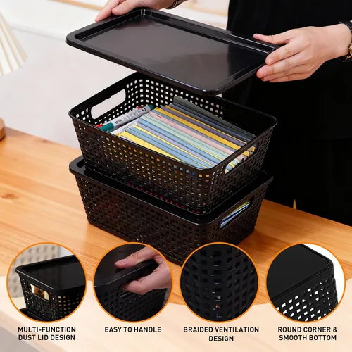 Miniatura 3 de Cestas de almacenamiento de plástico con tapa, contenedores de almacenamiento para organizar, contenedores decorativos apilables para estantes, Negro
