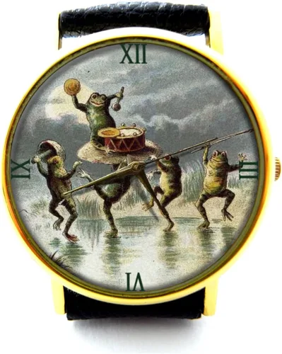Reloj de pulsera de cuero con coro de rana para fiesta de ranas Reloj hecho a mano Reloj de pulsera de cuero genuino P246