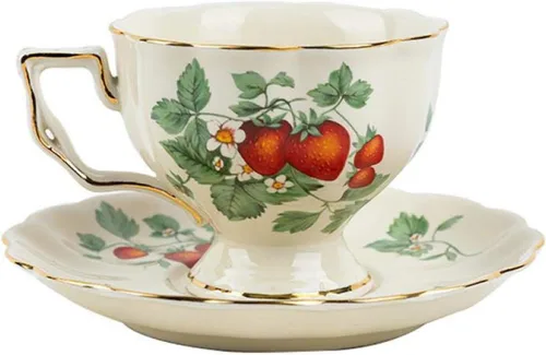 Juego de taza de té y platillo, diseño de fresa, 7.4 onzas, taza de café de cerámica con platillo y cuchara, taza de café vintage con ribete dorado
