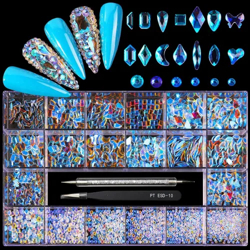 Yzzseven 12 tipos de Aurora 600 diamantes + 2500 diamantes de imitación planos, mezcla de 20 estilos con parte trasera plana, cristales de diamantes