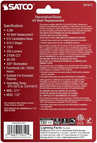 Miniatura 3 de Satco Bombilla LED 21812-4.5G16.5/LED/WH/927/120V/E12/2 Globe (S21812) G16 5 Globe