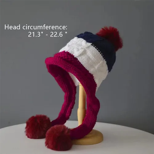 Miniatura 2 de FSIGOM Gorros de punto gruesos de invierno para mujer versión coreana grande con pompones de piel orejeras cálidas de lana con protección
