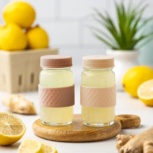 Miniatura 6 de Recipientes para chupitos de jugo, vidrio, transparentes, 2 onzas, tapas de colores y bandas de agarre de silicona, almacenamiento de bebidas