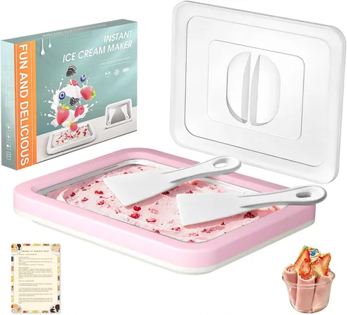 Kit para hacer helados enrollados con tapa, 2 espátulas y guía de recetas - Bandeja de congelación instantánea para helado casero, actividades Rosa