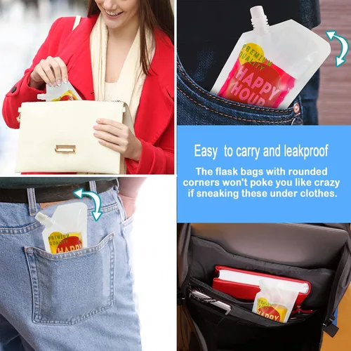 Miniatura 5 de 6 bolsas de bebidas para adultos, botellas de plástico, reutilizables, desechables, con embudo (8 onzas)