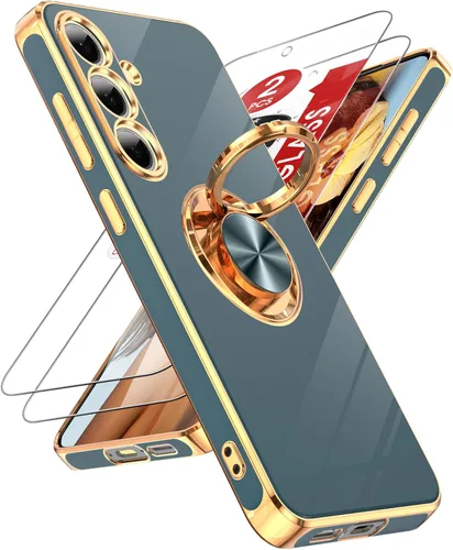 Miniatura 8 de LeYi Funda para Samsung Galaxy S22 Ultra con soporte de anillo giratorio de 360°, soporte magnético, chapado en oro rosa, borde protector para Negro