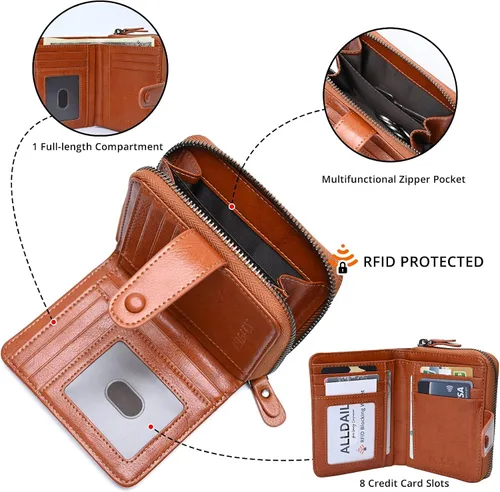 Miniatura 5 de Billetera pequeña para mujer con bloqueo RFID, cierre de cuero, bolsillo para monedas, tarjetero, con ventana de identificación, Marrón