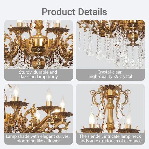 Miniatura 3 de Moderna Elegante Araña de 6 Luces de Cristal K9 en Bronce Antiguo Iluminación de Techo Colgante Estilo Europeo para Comedor, Sala de Estar