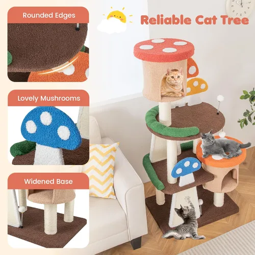 Miniatura 8 de Tangkula - Árbol para gatos en forma de hongo, torre para gatos de varios niveles con postes de sisal completamente envueltos, tableros para rascar