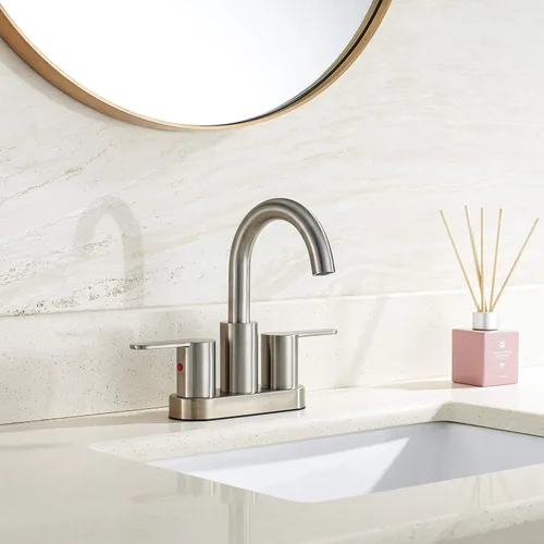 Miniatura 2 de TimeArrow Grifo de Lavabo de Baño Centerset de 2 Manijas Níquel Cepillado con Ensamblaje de Desagüe, Arco Alto Moderno de 4 Pulgadas Grifo de Níquel