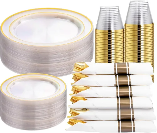 Miniatura 22 de WELLIFE 350 platos de plástico dorado transparente, 100 platos desechables, 150 cubiertos de plástico, 50 tazas, 50 servilletas para bodas y fiestas