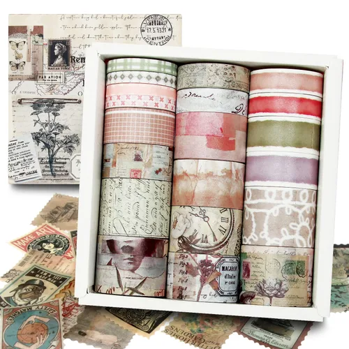 Juego de 20 rollos de cinta washi vintage y 30 calcomanías antiguas para pósteres de periódico, cinta adhesiva estética para suministros de álbumes