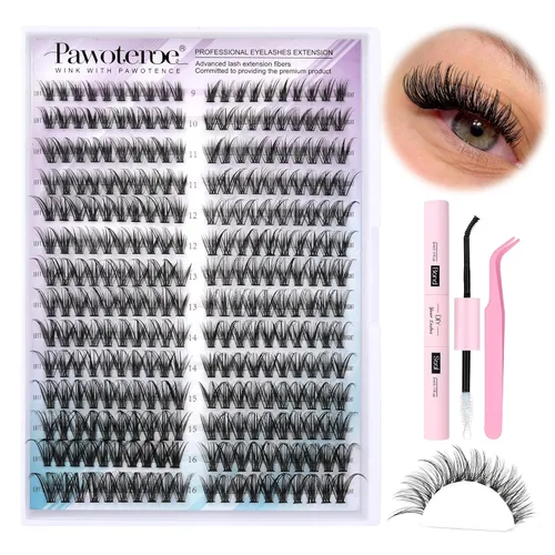 Miniatura 15 de Extensiones de pestañas Pawotence, racimos de 280 piezas, pestañas individuales en racimo, extensiones de pestañas 50D, mezcla de 9-16 mm, racimos