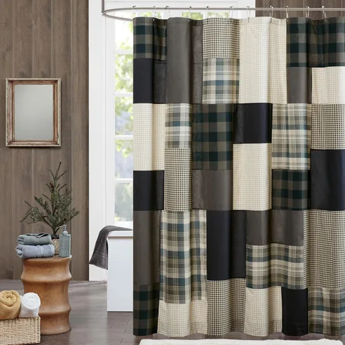 Woolrich Winter Hills Cortina de ducha de algodón, cortinas de ducha a cuadros estilo cabaña para baño, 72 x 72, color marrón claro Bronceado