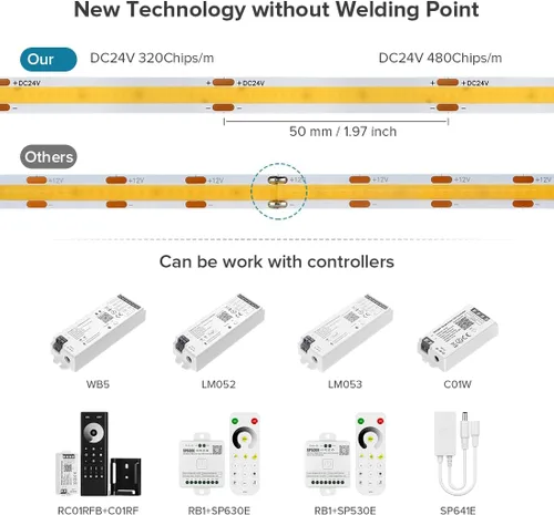 Miniatura 4 de Tira de luces LED COB DC24V de 16.4 pies, 6000 K, blanco frío, 320 LED, flexible, de alta densidad, uniforme, brillante, 9W/m, CRI90+ regulable