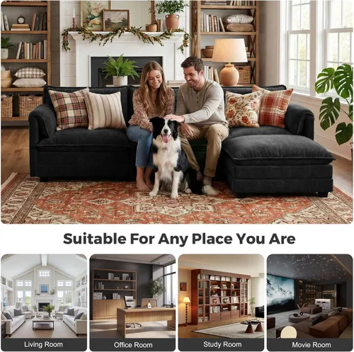 Miniatura 3 de ELUCHANG Sofá modular de gran tamaño de 79 pulgadas, cómodo sofá en forma de nube para sala de estar, sofá en forma de L con otomana, sofá de Negro
