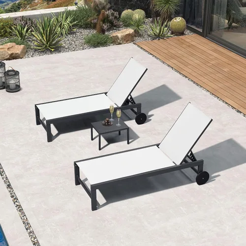 Miniatura 45 de PURPLE LEAF Juego de tumbonas para exteriores para 2 sillas de piscina de gran tamaño con ruedas fáciles de mover y respaldo ajustable, tumbonas