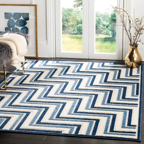 SAFAVIEH Cottage Collection Cot935K - Alfombra decorativa de 4 x 6 pies, color crema y azul para interiores y exteriores, no desprende pelusa, fácil