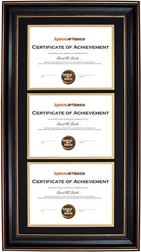 Miniatura 11 de Marco de tres certificados de 14 x 29 pulgadas con paspartú doble negro sobre dorado para (3) diplomas/grados de 8.5 x 11 pulgadas, ganchos