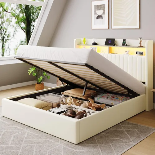 Miniatura 12 de SHA CERLIN - Estructura de cama de tamaño matrimonial con almacenamiento elevado/Luces LED/Estación de carga/Cabecero con estantes de 2 niveles/USB