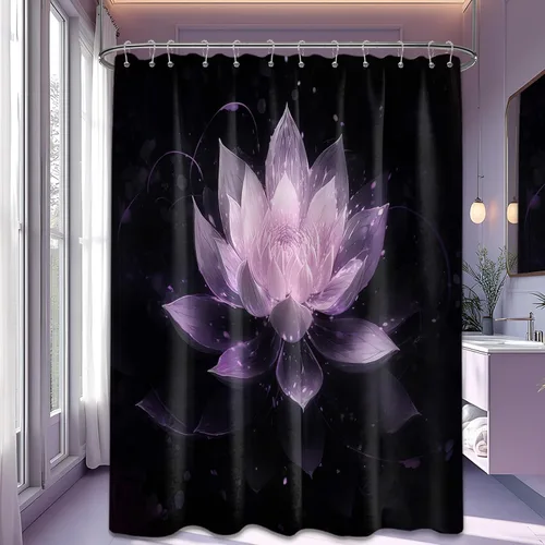Miniatura 56 de Cortina de ducha con flores de loto negro y azul para decoración de baño, juego de cortinas decorativas de baño con estampado floral, tela