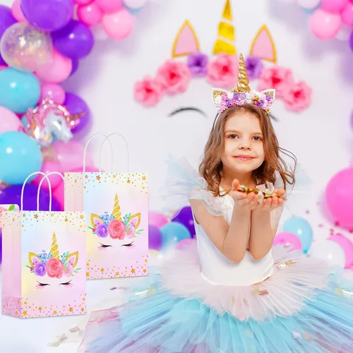 Miniatura 7 de Gersoniel 16 piezas de bolsas de regalo de unicornio con asas, bolsas de regalo de unicornio, bolsas de golosinas para niños, suministros de fiesta