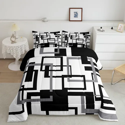 Miniatura 37 de Erosebridal Edredón Cuadrado para Niños y Niñas, Juego de Ropa de Cama Negro y Gris Blanco Azul Marino, Juego de Edredón Geométrico Completo