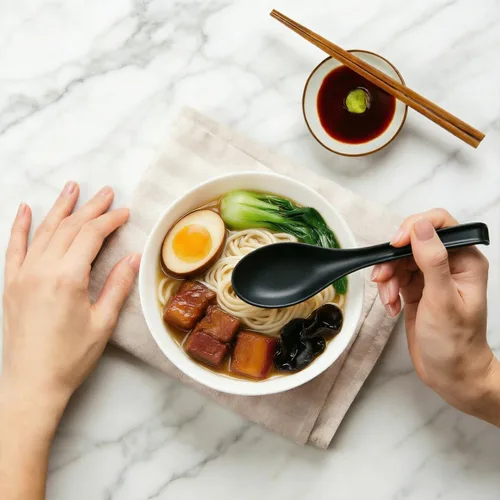 Miniatura 3 de Kyraton Juego de 24 cucharas de sopa asiática con mango largo fácil de sostener, cuchara japonesa de plástico irrompible para ramen, wonton chino