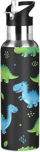 Stainless Steel Vacuum Insulated Water Bottle 32 Oz, Leakproof Water Bottles for Gym Outdoor Travel School, Cartoon Dinosaurs Dot Black