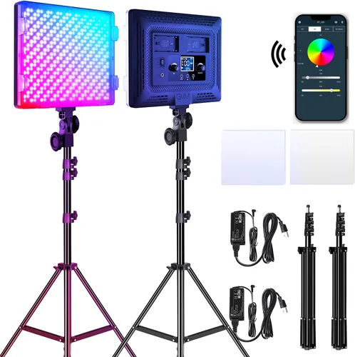 GVM - Kit de iluminación LED RGB para fotografía, 50 W bicolor 3200K-5600K luces de estudio, 2 paquetes de 672 cuentas LED, control de aplicación,