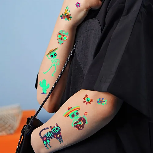 Miniatura 2 de 10 piezas de 100 tipos de tatuajes temporales luminosos de dibujos animados para niños, esqueletos de azúcar, esqueletos, piedras preciosas, flores