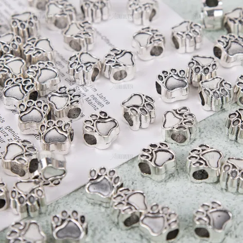 Miniatura 7 de AUEAR, Paquete de 100 dijes vintage de plata con diseño de pata de gato con agujero grande, cuentas espaciadoras sueltas para hacer joyas