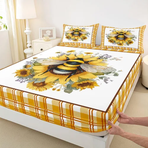 Miniatura 9 de Erosebridal Honey Bee - Juego de sábanas bajeras negras y doradas, tamaño individual, diseño geométrico de panal de abeja para niños y niñas, funda