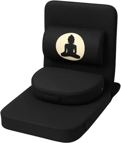 Friends Of Meditation - Silla plegable 4 en 1 de Buda, asiento ergonómico de yoga con zafu de media luna, soporte lumbar desmontable y funda de Negro