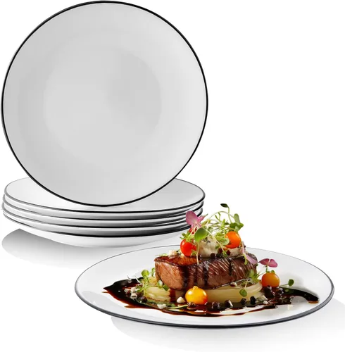 Miniatura 10 de YOLIFE Juego de 6 platos pequeños de porcelana para postre, platos de cerámica con borde negro de 6 pulgadas, platos para servir aperitivos