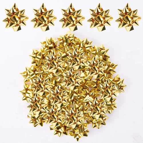 Iceyyyy 100 mini lazos de regalo de Navidad, lazos de regalo de estrella metálica dorada de 1 pulgada, pequeños lazos adhesivos para decoración de