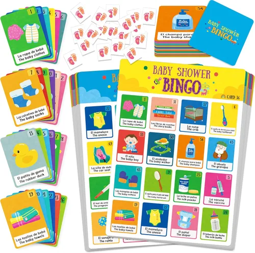 Juego de bingo para baby shower, 50 tarjetas de bingo bilingües en español e inglés para fiesta de revelación de género, baby shower, recuerdos de
