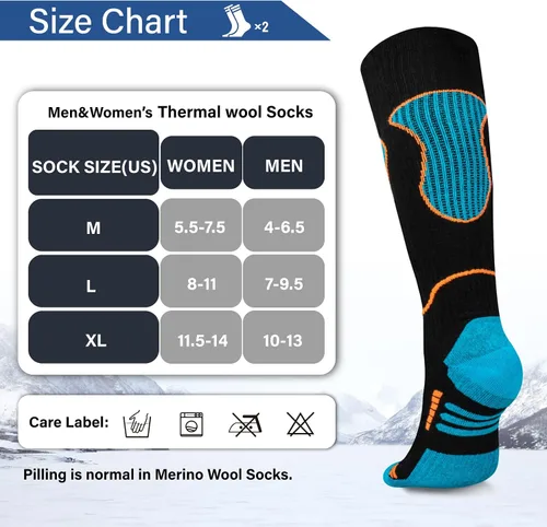 Miniatura 5 de Calcetines de esquí de lana merina, 2 pares, calcetines térmicos hasta la rodilla para snowboard, senderismo, clima frío, nieve, caza