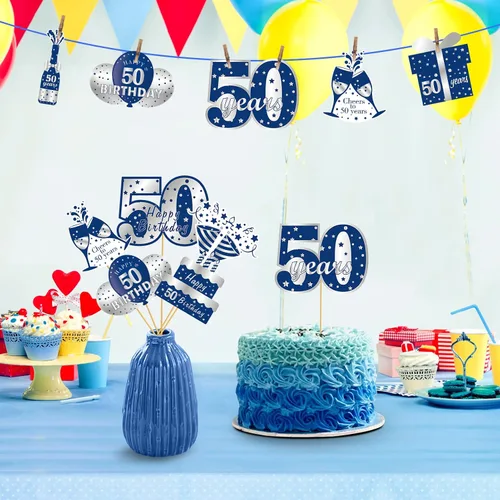 Miniatura 4 de 24 piezas de decoración de mesa de cumpleaños de 50 años, color azul y plateado, incluye 24 patrones de cartón, palos y puntos adhesivos, perfecto