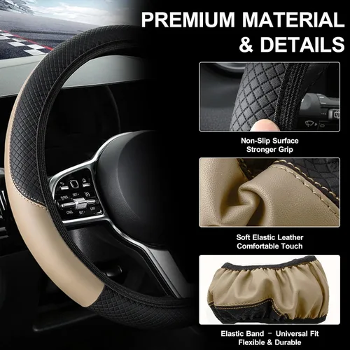 Miniatura 5 de Funda para volante de automóvil, microfibra de fibra de carbono de 15 pulgadas, antideslizante, transpirable, protector elástico para volante