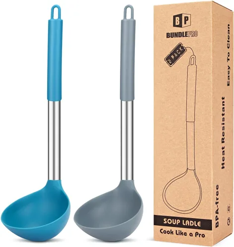 Paquete de 2 cucharones de cucharón, cuchara grande de silicona para sopa, utensilios de cocina antiadherentes con alta resistencia al calor, sin