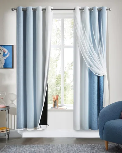 Miniatura 19 de Cortinas 100% opacas con superposición de gasa Mix and Match de doble capa, 54 pulgadas de largo, 2 paneles para dormitorio y sala de estar, azul