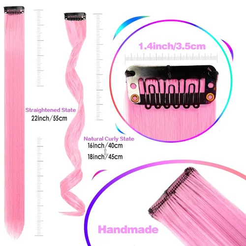 Miniatura 3 de GPOVVIMX 12 extensiones de cabello rosa con clip, extensiones rizadas y onduladas de color para niños y niñas, extensiones sintéticas con reflejos
