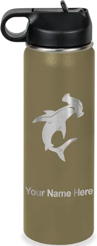 Miniatura 44 de LaserGram Botella de agua personalizada, tiburón martillo, acero inoxidable de doble pared aislada al vacío con popote superior, regalo grabado