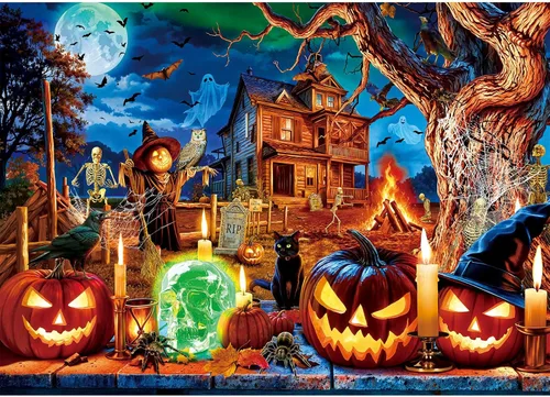 Sutinban Rompecabezas de Halloween de 1000 piezas para adultos, calavera de terror, cabeza de calabaza, rompecabezas de casa encantada de Halloween,